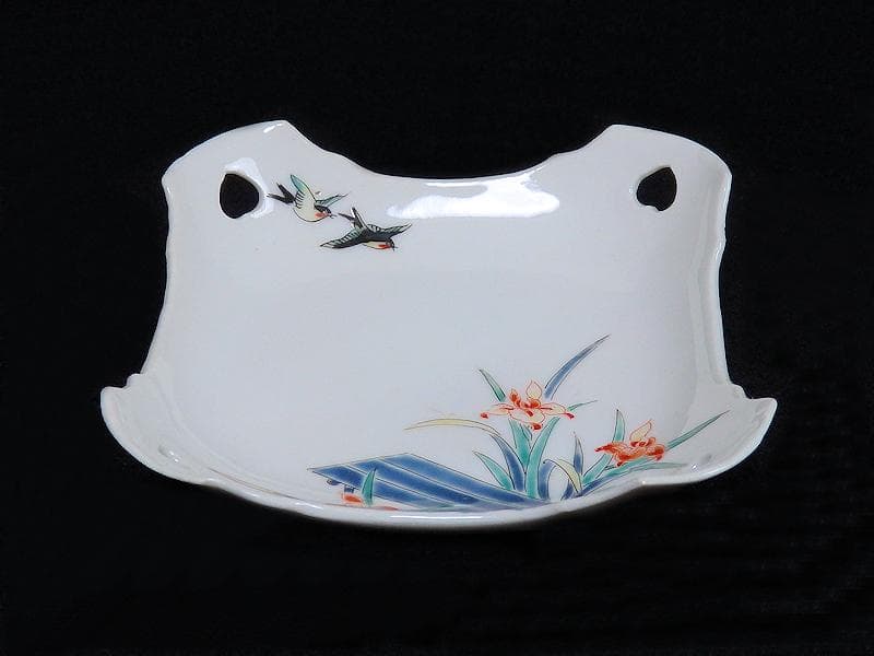 大聖寺伊万里　柿右衛門写　鳥に燕子花の図　四方皿　C669AS-BQh