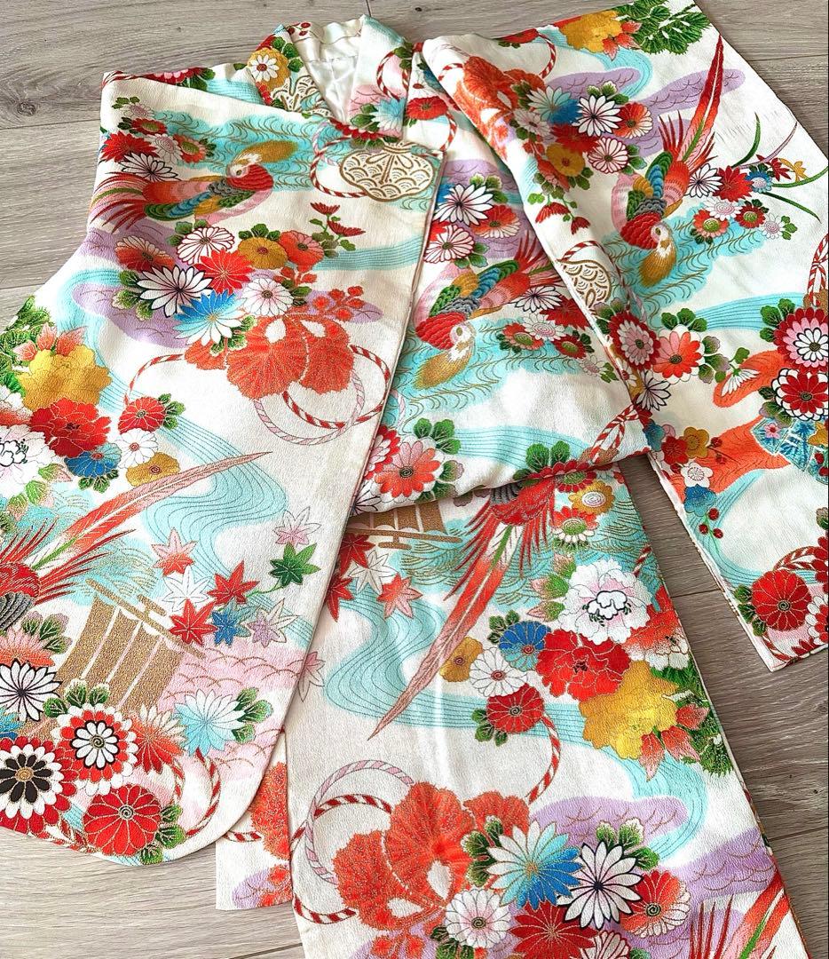 七五三 7歳 四つ身着物 レトロ柄 牡丹 鶴 金彩 美品