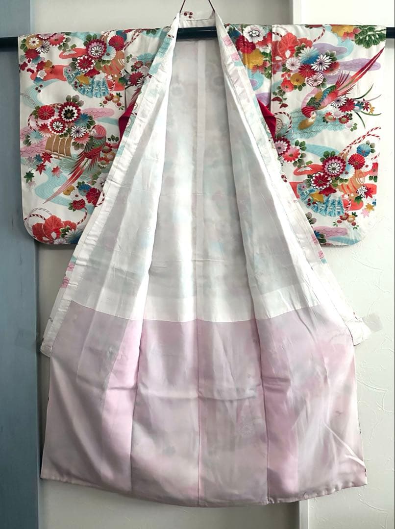 七五三 7歳 四つ身着物 レトロ柄 牡丹 鶴 金彩 美品