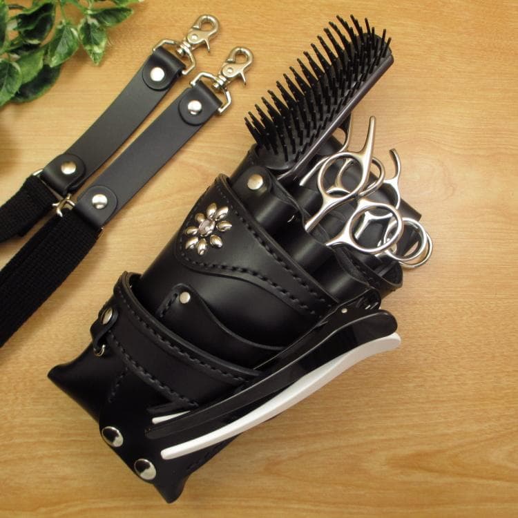 フラワースタッズ装飾　オールブラック　本革　６丁差し　SCA-235/CKA