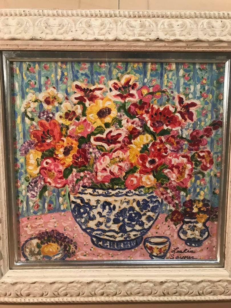 レスリー・セイヤー「ルーム・オブ・フラワーズ」ジークレー＋油彩４号　直筆サイン有