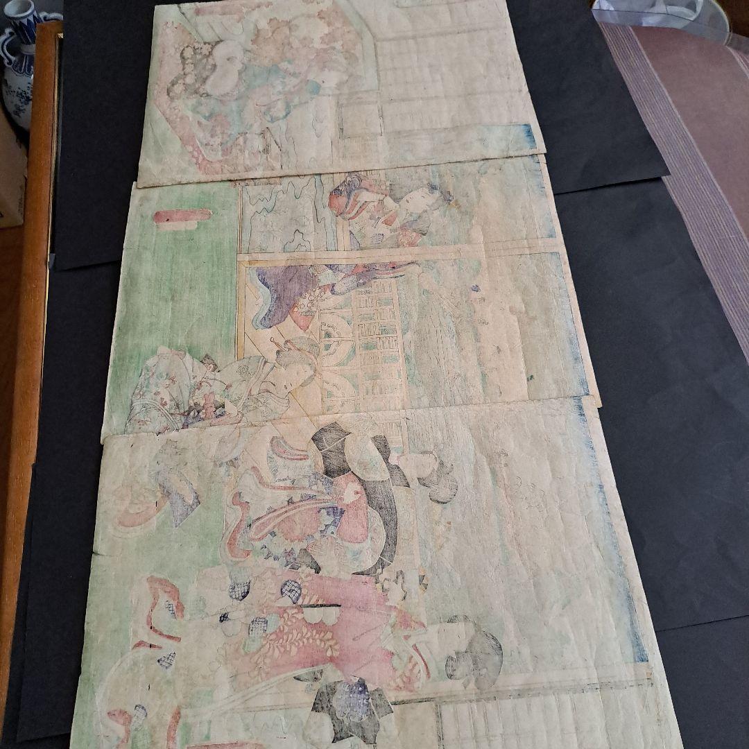 浮世絵版画　三代豊国　喜翁豊国　(優源氏郭遊覧)図　藍色版画　三枚続き　藍色極上
