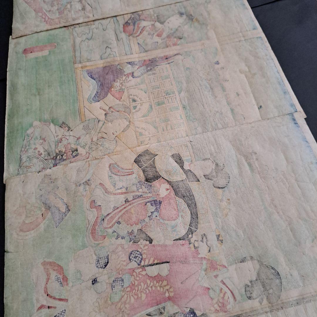 浮世絵版画　三代豊国　喜翁豊国　(優源氏郭遊覧)図　藍色版画　三枚続き　藍色極上