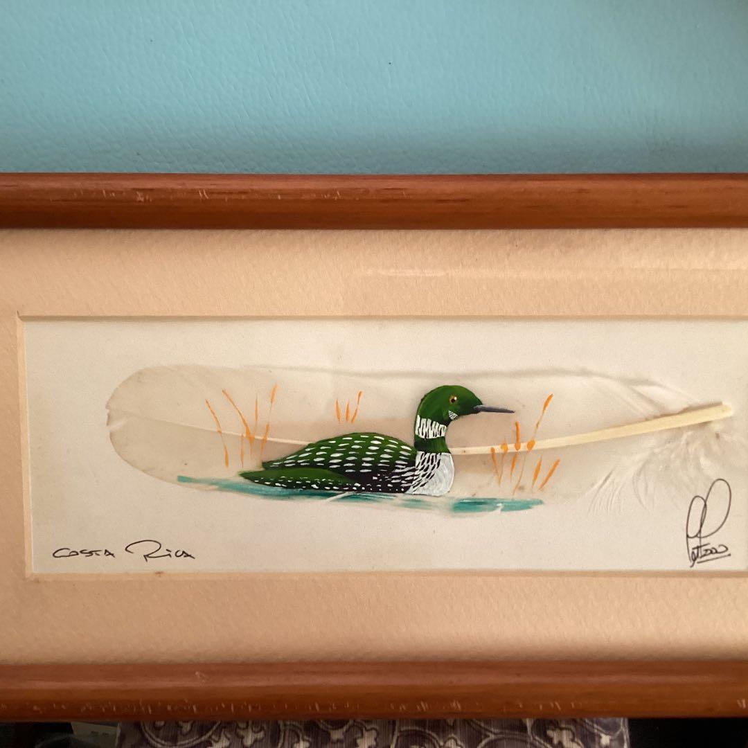 水彩画　　タイトル【　鴨　】鳥の羽に鴨の絵が描かれてます。壁掛け額装　直筆サイン