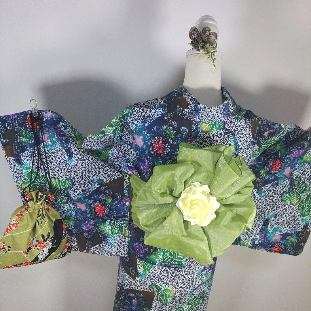 レトロ　レディース　浴衣　セット　身丈155cm　花柄　兵児帯　グリーン　新品