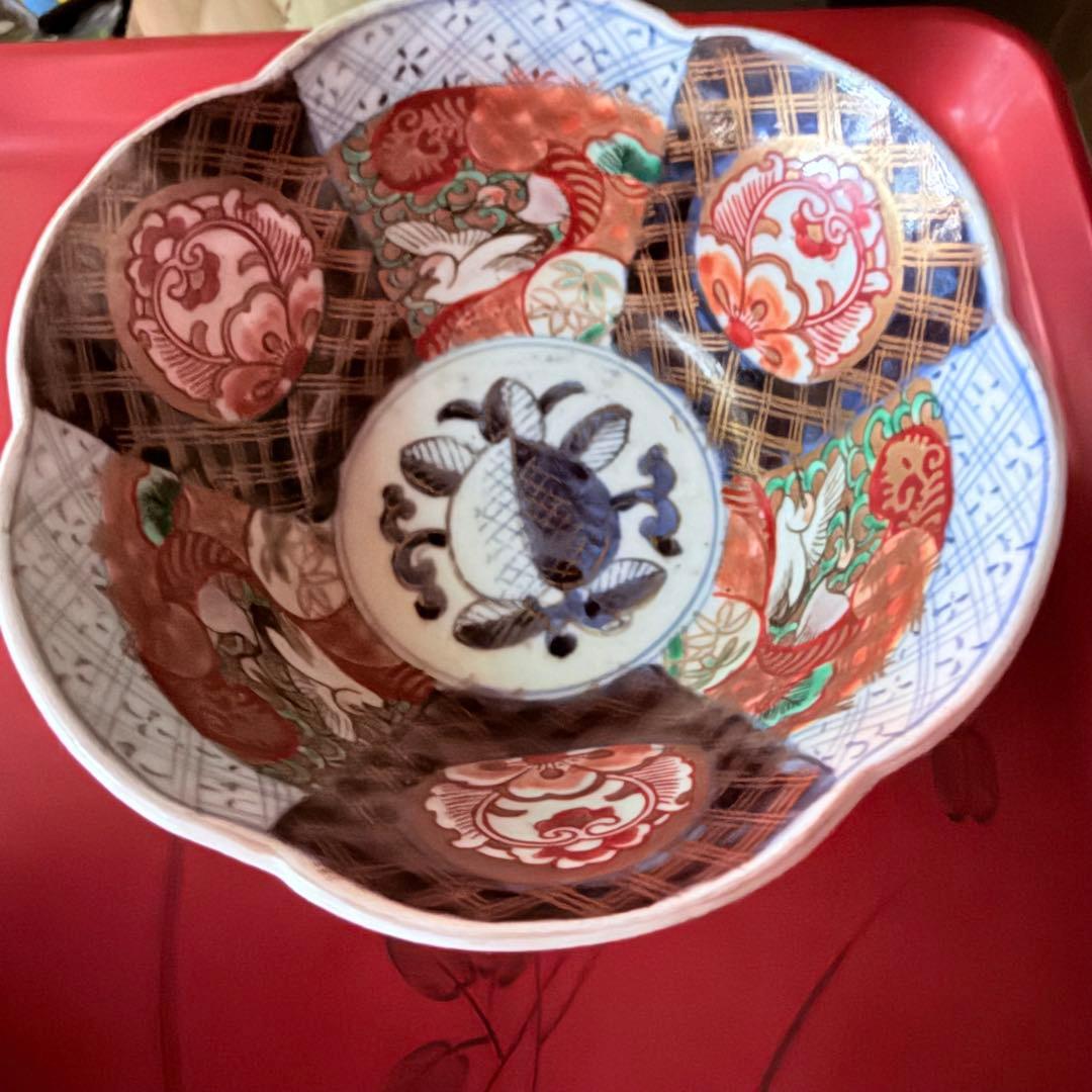 超限定価格‼️伊万里錦手向付おひたしにはこれ‼️桃手に鶴と竹六弁花在銘向付5客