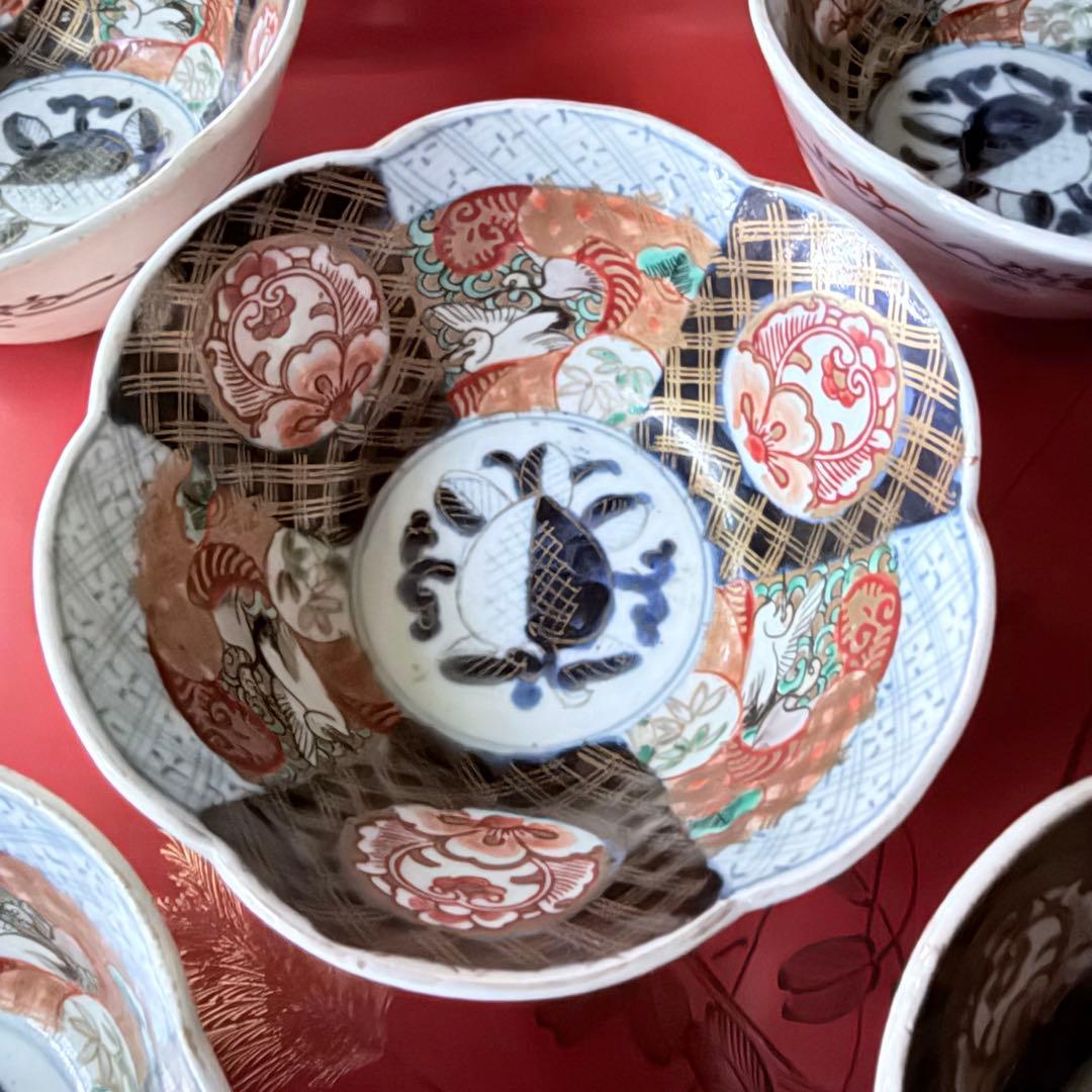 超限定価格‼️伊万里錦手向付おひたしにはこれ‼️桃手に鶴と竹六弁花在銘向付5客