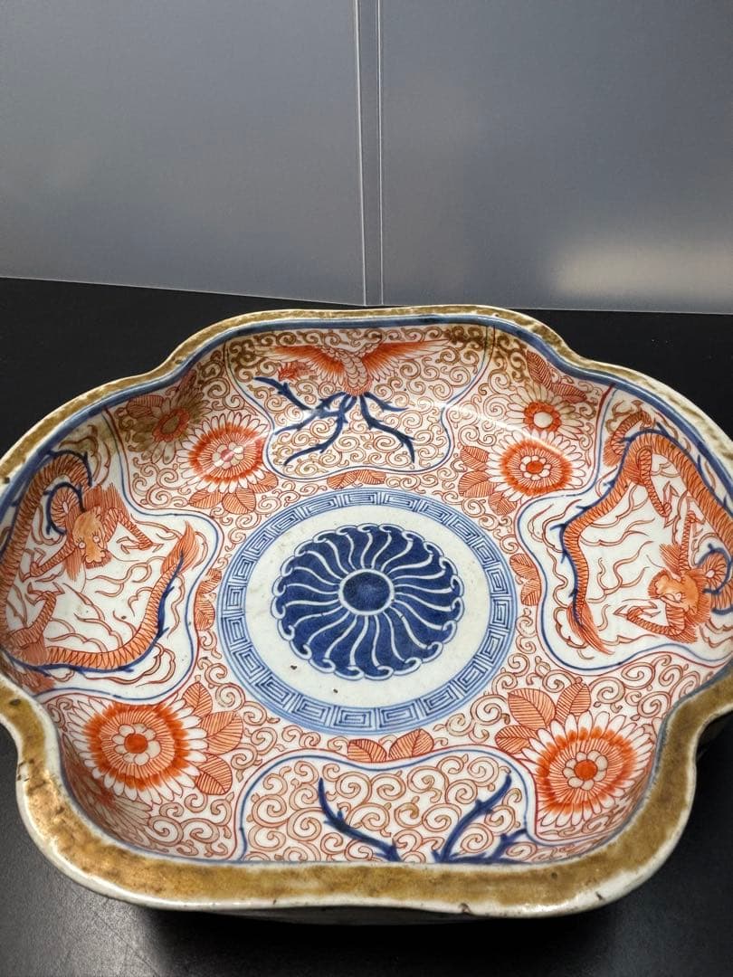 古伊万里 色絵 花唐草 龍 木瓜形 大皿 江戸期 希少品 陶器金彩 太明成化年製