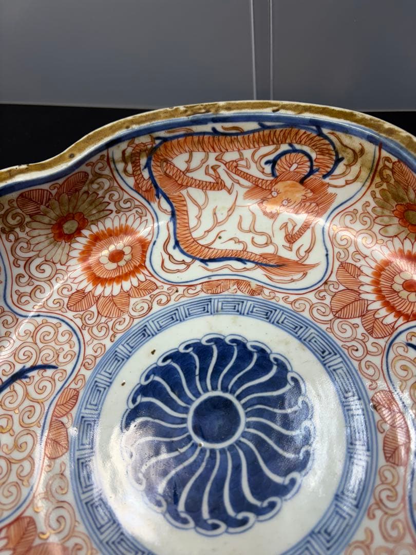 古伊万里 色絵 花唐草 龍 木瓜形 大皿 江戸期 希少品 陶器金彩 太明成化年製