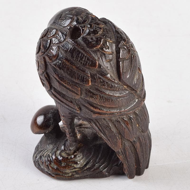 時代提げ物　唐木紫檀彫刻　鶴魚　置物　根付　C　R9308