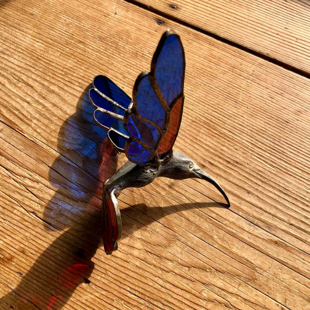 ヴィンテージ　ハチドリ　ハミングバード　アメリカ製　ステンドグラス　モビール　青