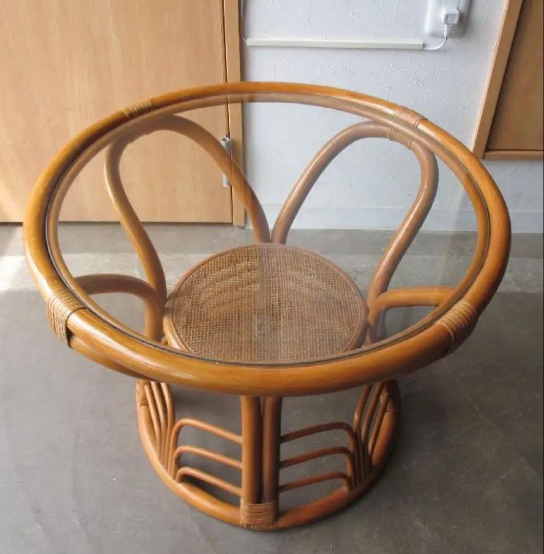 ラタン製■円形ガラステーブル■籐