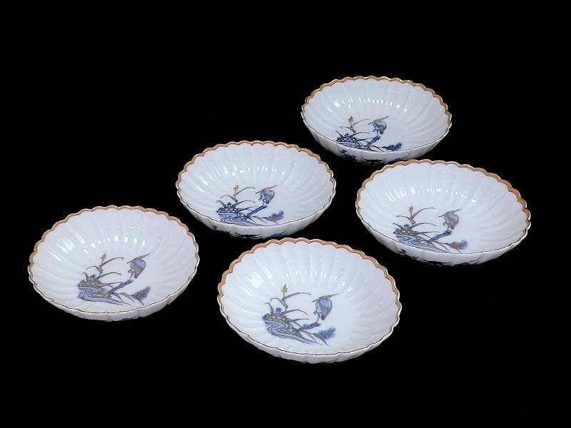 古伊万里　平戸　白磁　葦に鷺の図　輪花変形皿　５客　D950AS-BNx