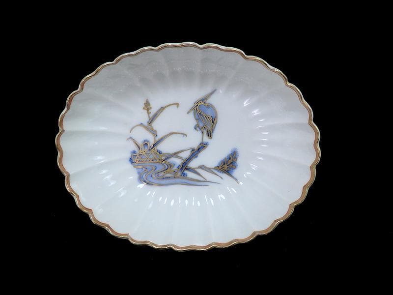 古伊万里　平戸　白磁　葦に鷺の図　輪花変形皿　５客　D950AS-BNx