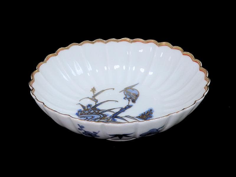 古伊万里　平戸　白磁　葦に鷺の図　輪花変形皿　５客　D950AS-BNx