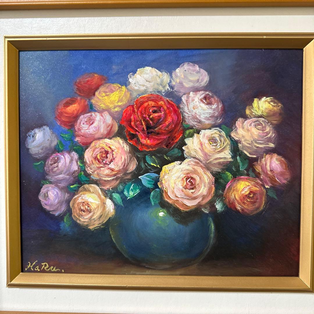 薔薇の花　肉筆　油彩　絵画　美術品　インテリア　真作　静物画　作家証明書付き