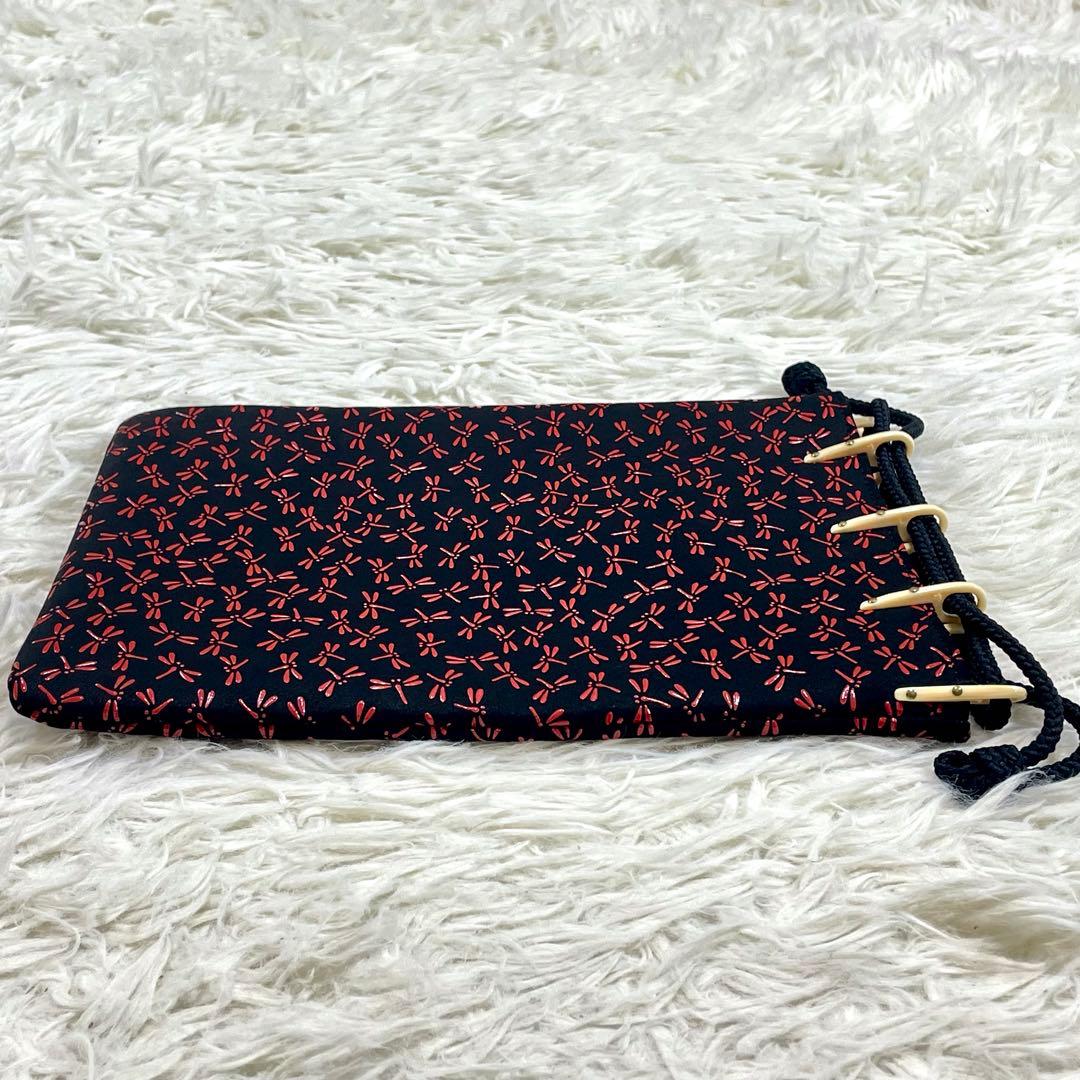 甲州印伝 印傳屋 合切袋 黒鹿革×赤漆 トンボ 巾着 袋 手提 革小物 上原勇七