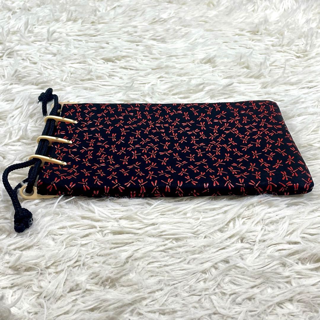 甲州印伝 印傳屋 合切袋 黒鹿革×赤漆 トンボ 巾着 袋 手提 革小物 上原勇七