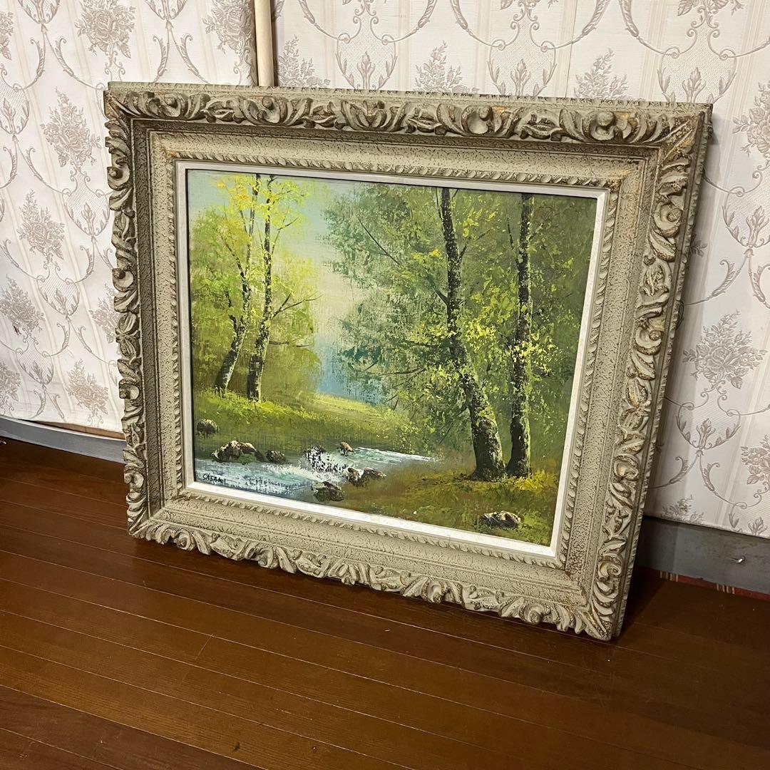 【アンティーク】額装 額縁 絵画 油彩画 風景画 小川 森林 銘有り オブジェ