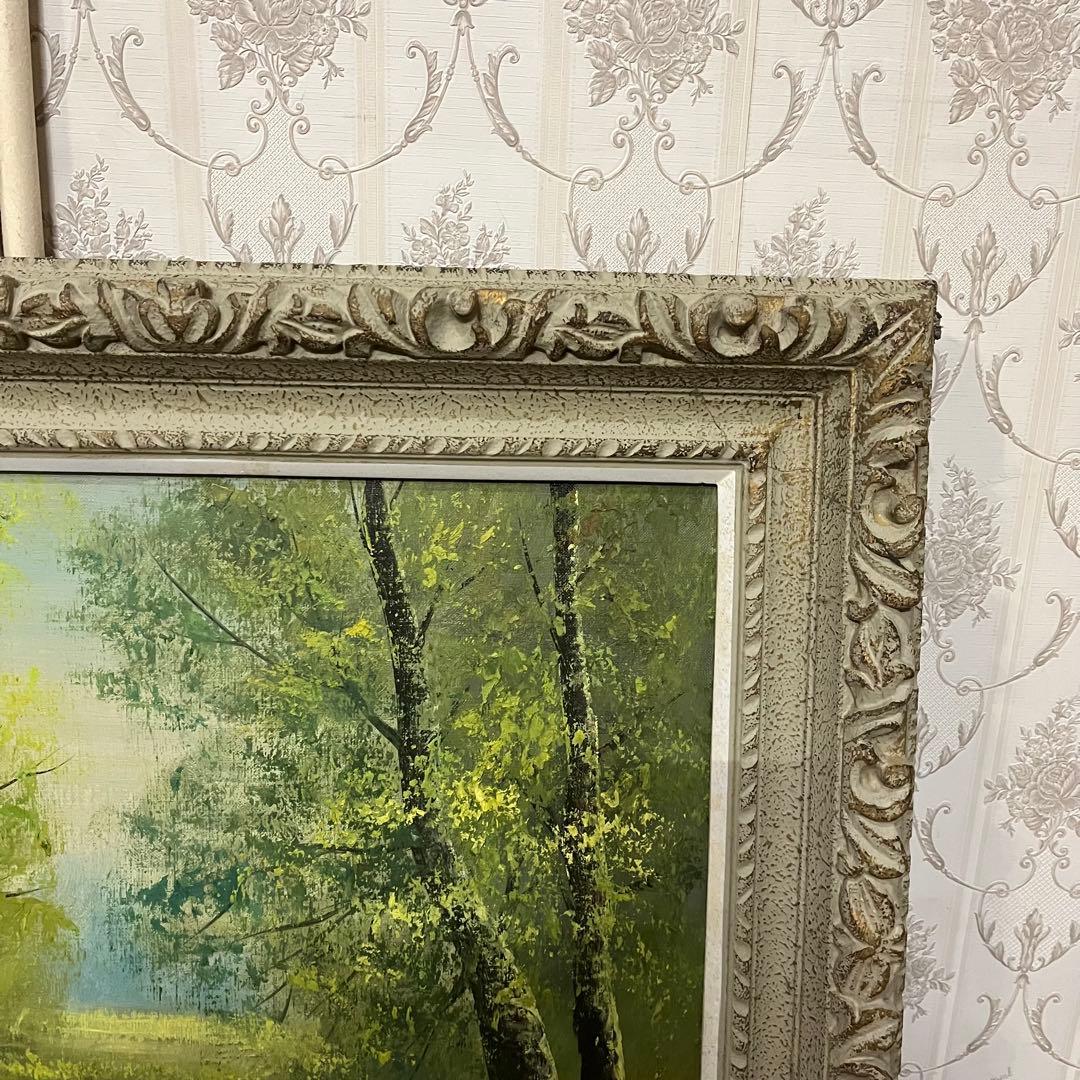 【アンティーク】額装 額縁 絵画 油彩画 風景画 小川 森林 銘有り オブジェ