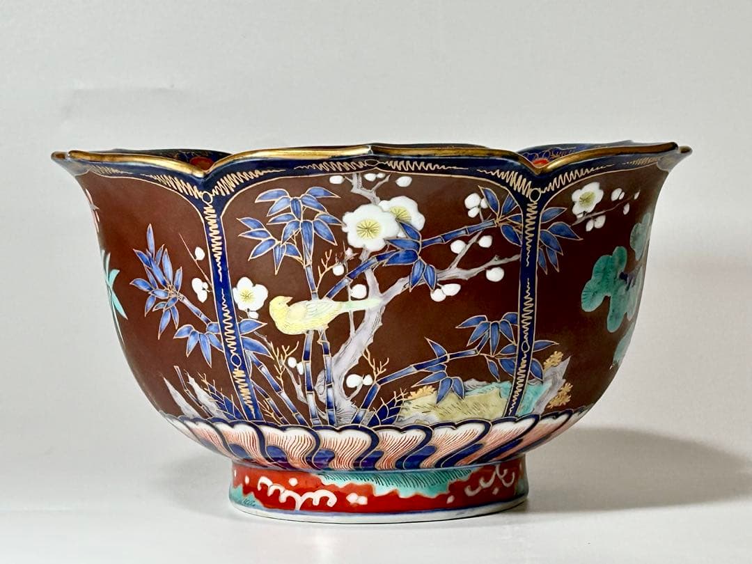 明治 香蘭社 染錦褐地三友鳳凰文輪花鉢 ブラックホーソン