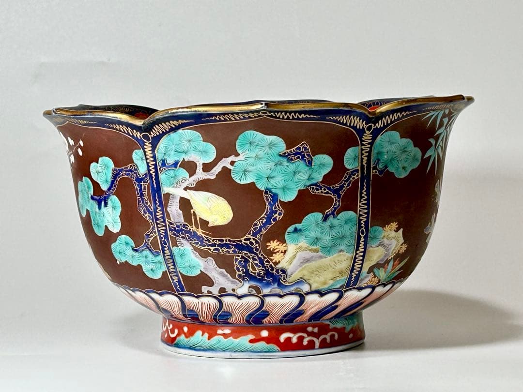 明治 香蘭社 染錦褐地三友鳳凰文輪花鉢 ブラックホーソン