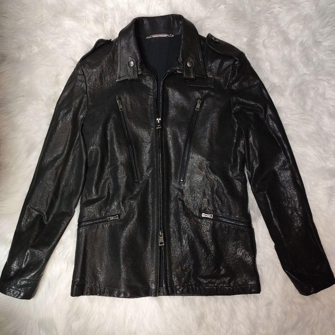 AKM　黒ラムレザー （羊革）シングルライダースジャケット・ラムレザージャケット