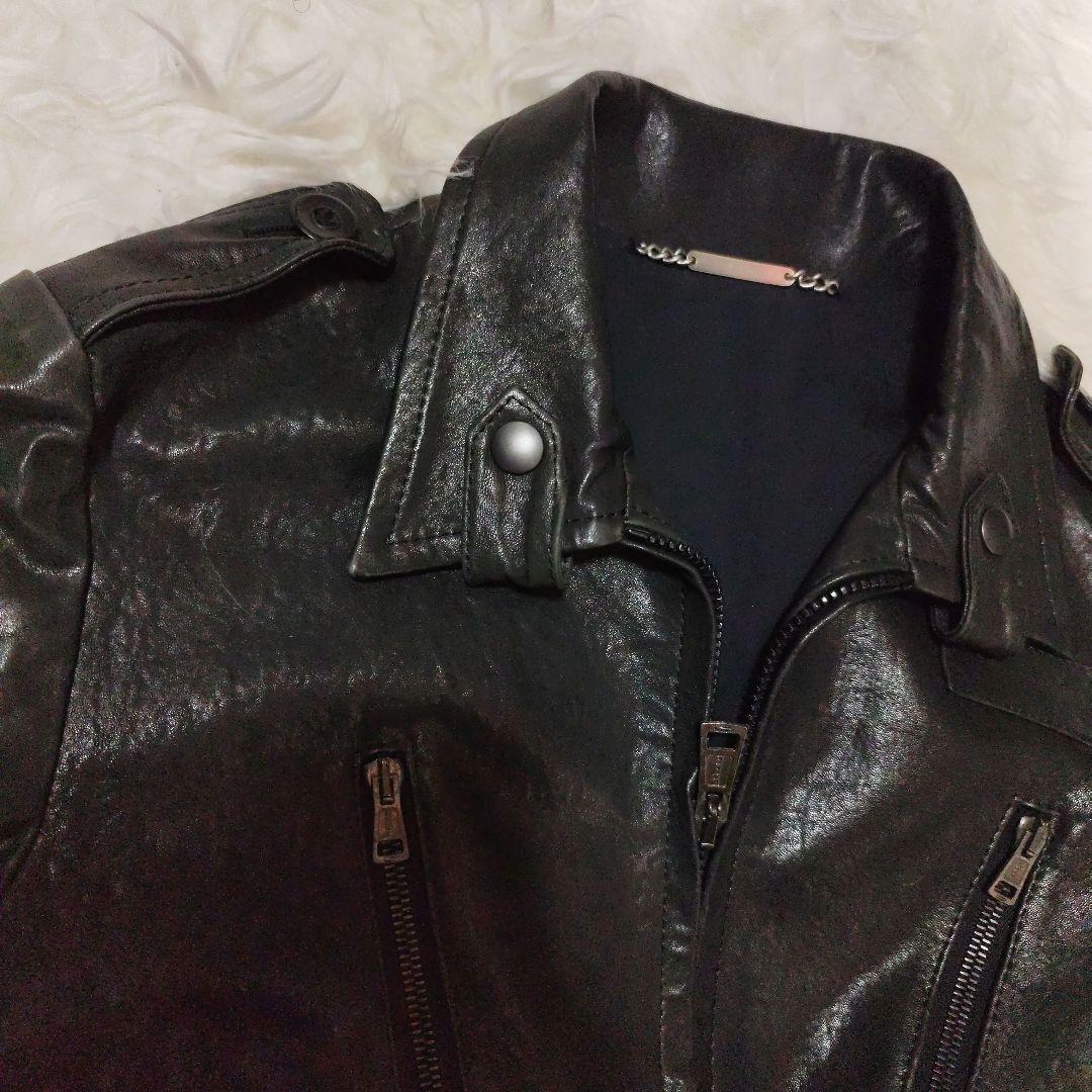 AKM　黒ラムレザー （羊革）シングルライダースジャケット・ラムレザージャケット