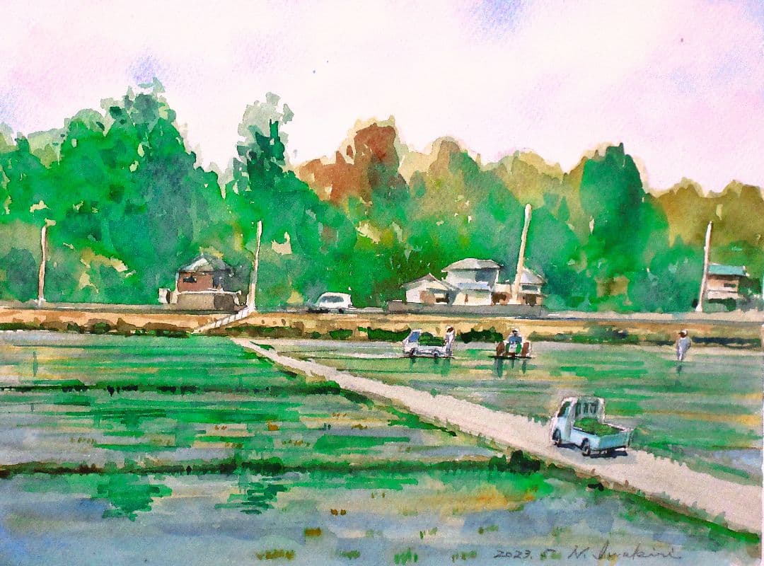 田植の季節(水彩画 2022年作品)