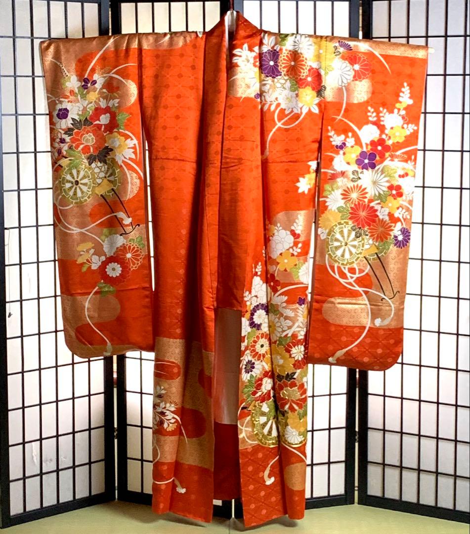 s*m様 【美品】振袖　正絹100% 5点　フルセット　身丈159cm 花車　橙