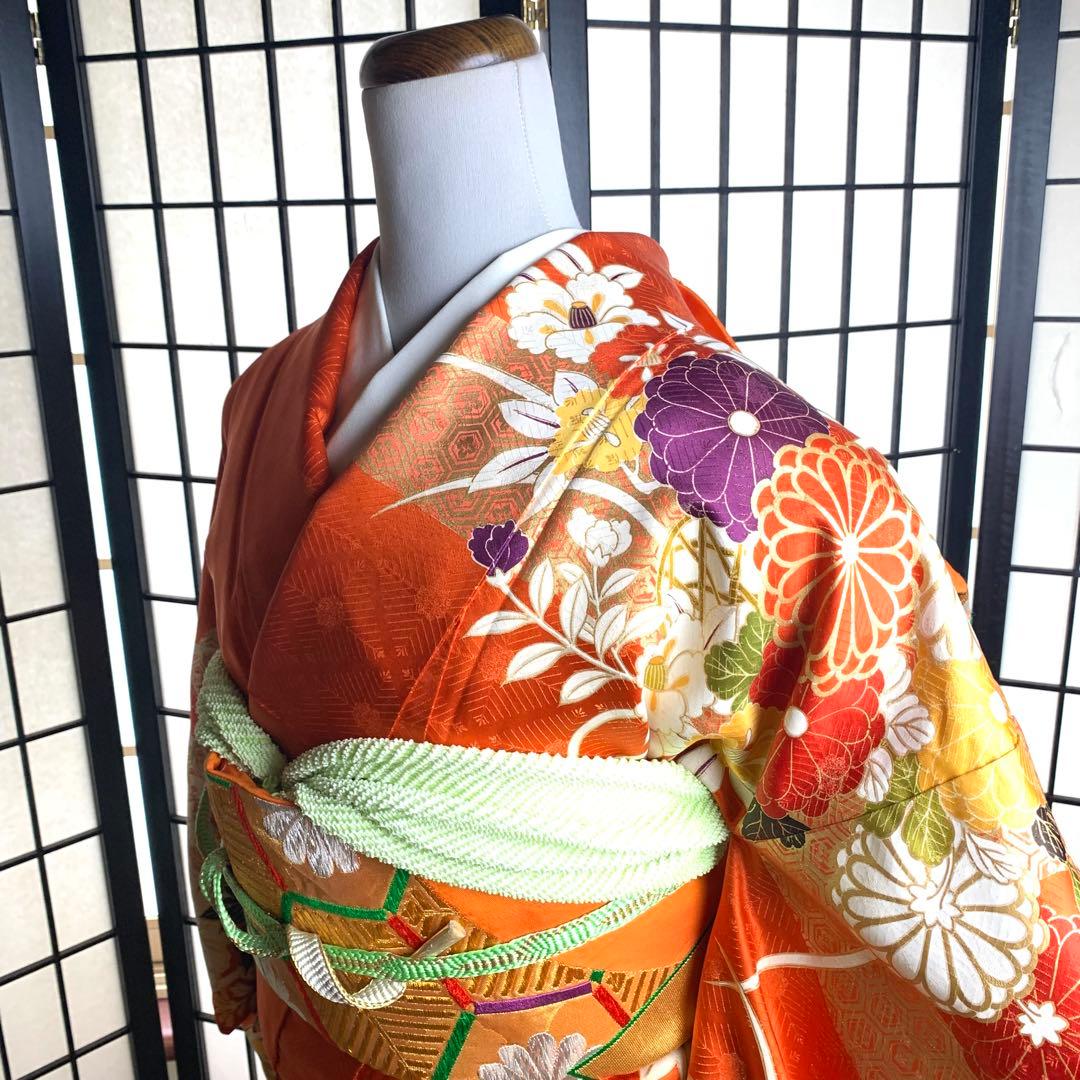 s*m様 【美品】振袖　正絹100% 5点　フルセット　身丈159cm 花車　橙