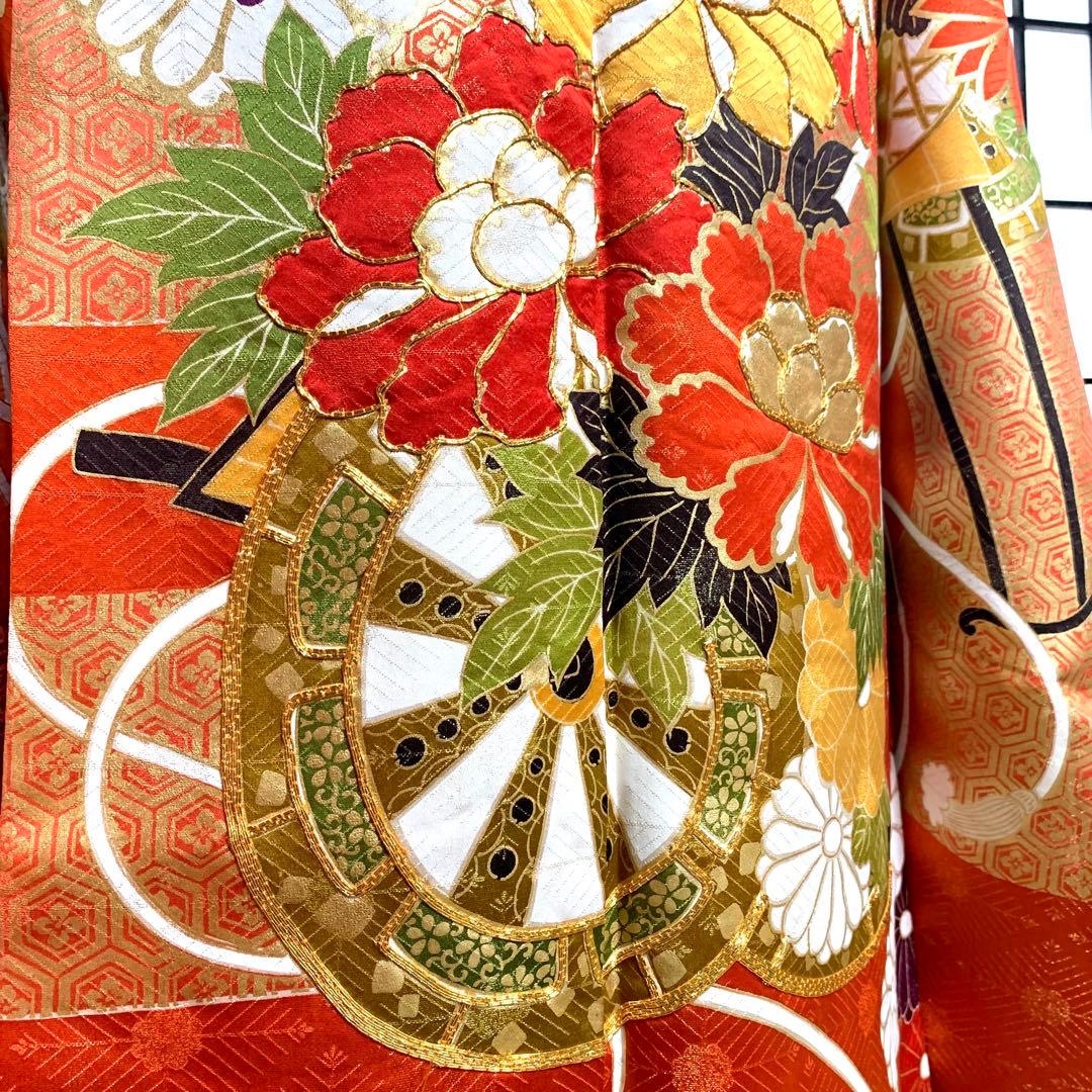 s*m様 【美品】振袖　正絹100% 5点　フルセット　身丈159cm 花車　橙