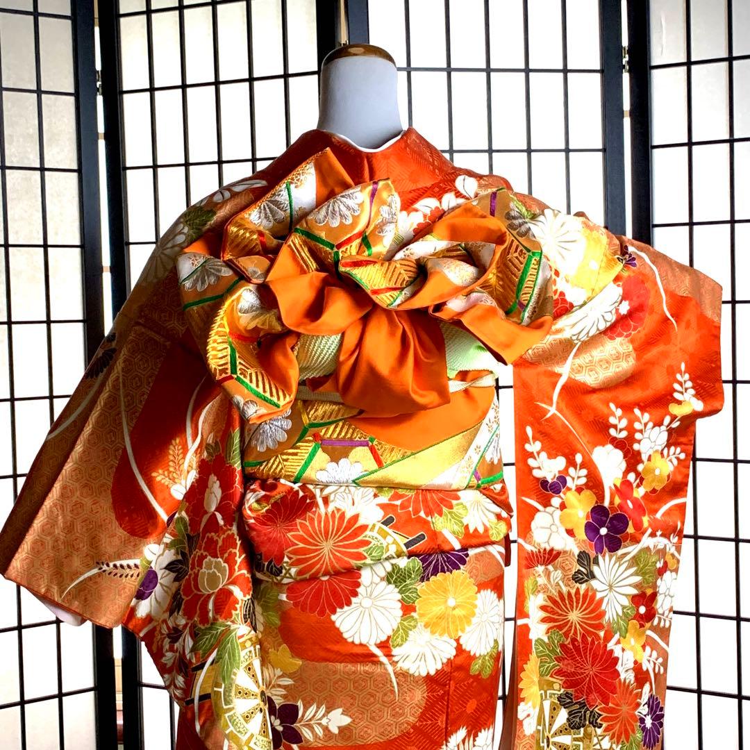 s*m様 【美品】振袖　正絹100% 5点　フルセット　身丈159cm 花車　橙