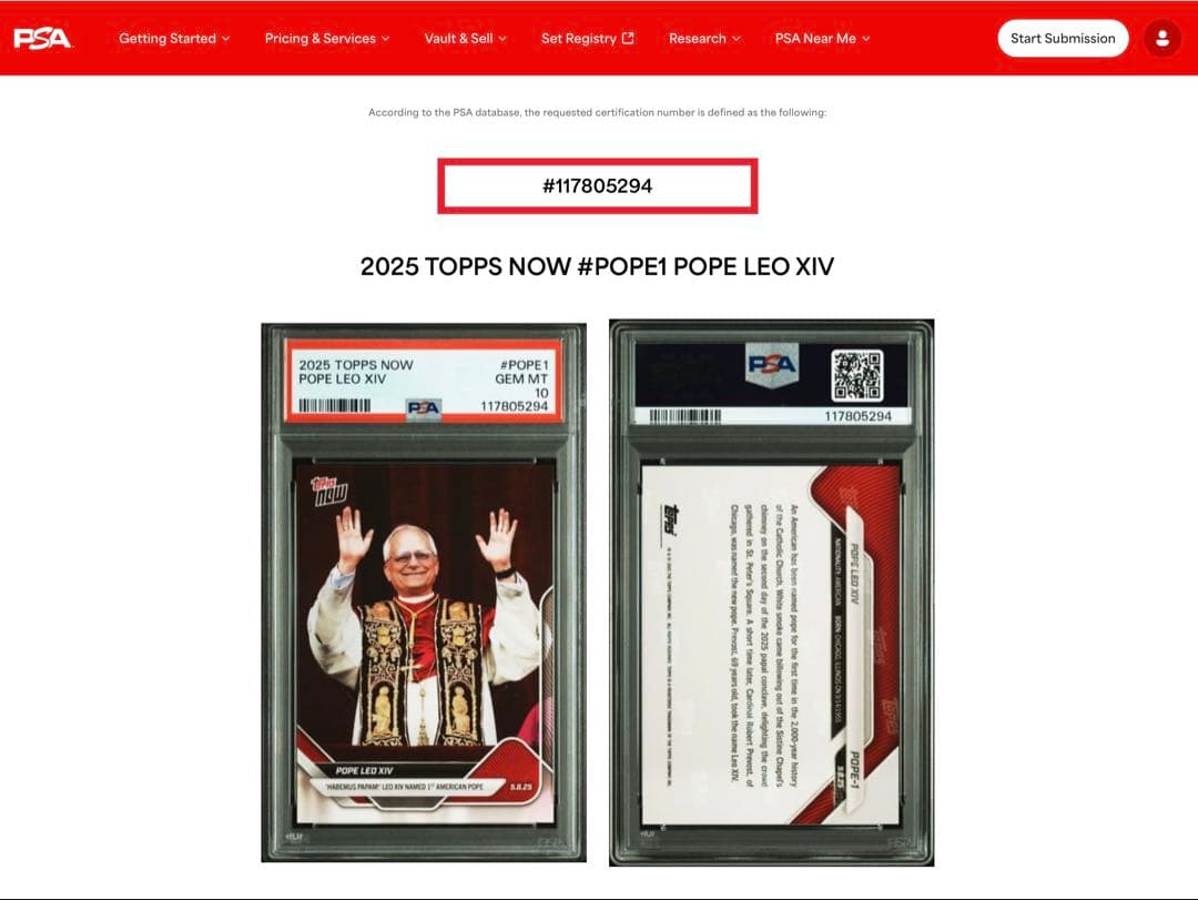 2025TOPPS NOW POPE LEO XIレオ14世ローマ教皇PSA10