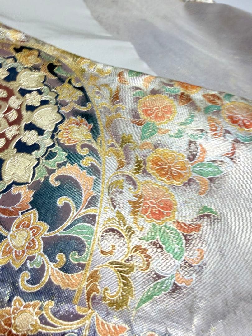 高級 袋帯 正絹 お太鼓柄 シルバー 金彩加工 花文様 ラメ 訪問着 付け下げ