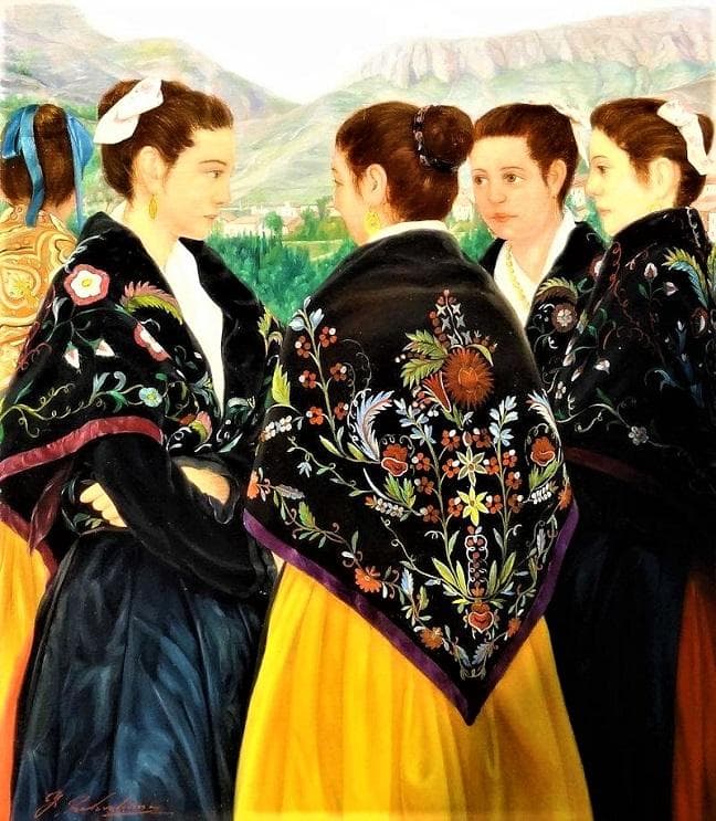 中島義行 タイトル 「カセレスの娘達」Ｆ10号沢山の娘たちを緻密に描写した力作