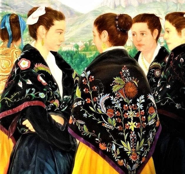 中島義行 タイトル 「カセレスの娘達」Ｆ10号沢山の娘たちを緻密に描写した力作