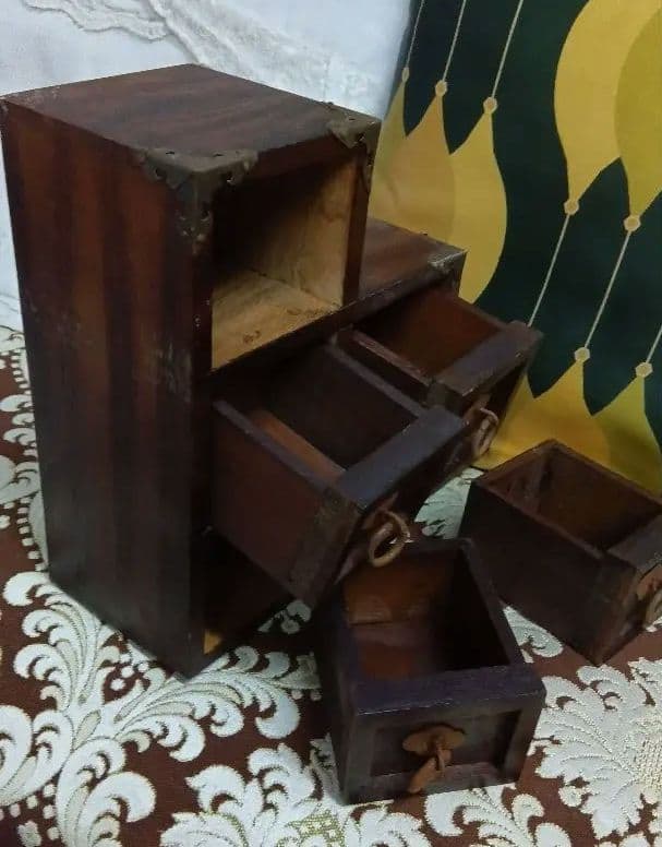 レア物✩昭和レトロ木製小型引き6段階段型 アンティーク小物入れ ヴィンテージ