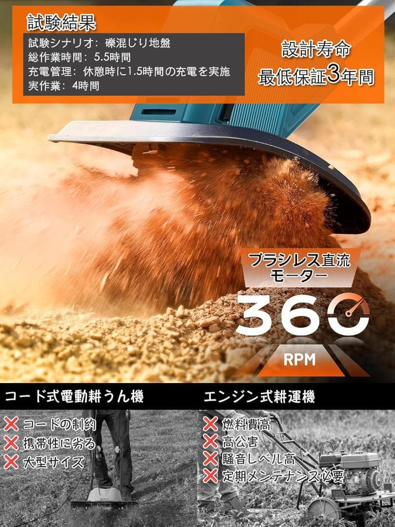 電動耕うん機 コードレス充電式 家庭用 850W強力ブラシレスモーター 4 枚刃
