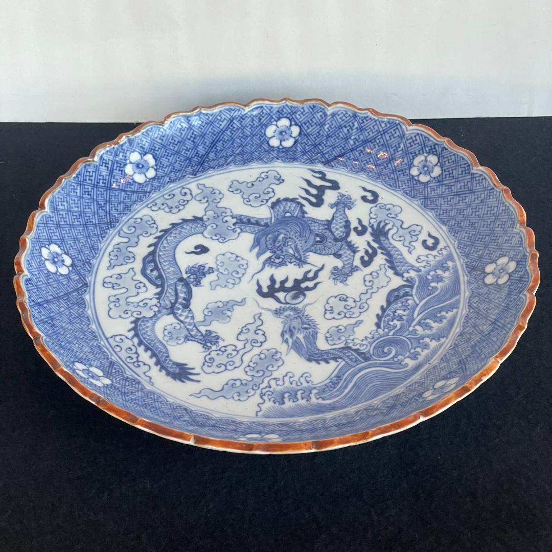大明成化年製 古伊万里 大皿 染付 印判 双龍雲海 青花雲龍圖稜花盤 骨董 美品