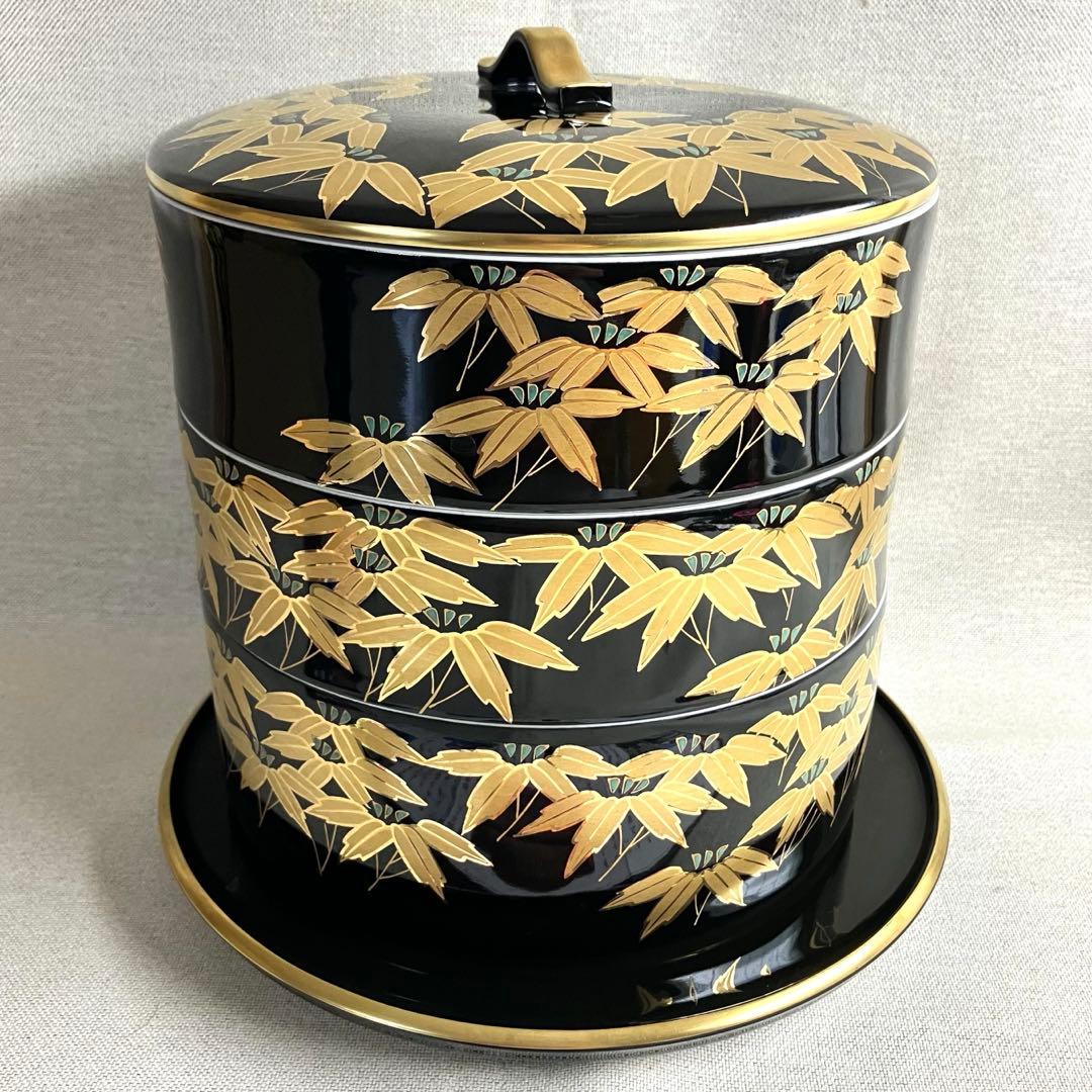 香蘭社 黒釉金笹絵 三段重 新品未使用 桐箱入り