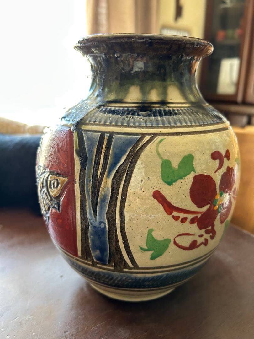 壺屋焼 小橋川清正氏 壺 赤絵 双魚 花瓶 ☆レア