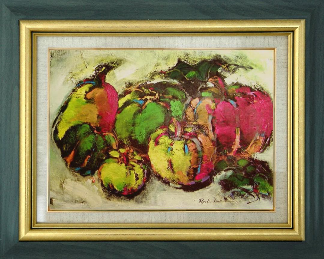 油絵 絵 絵画インテリア 額付(青緑＋金色の枠) uF6-061404 静物果物