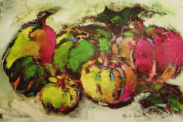 油絵 絵 絵画インテリア 額付(青緑＋金色の枠) uF6-061404 静物果物