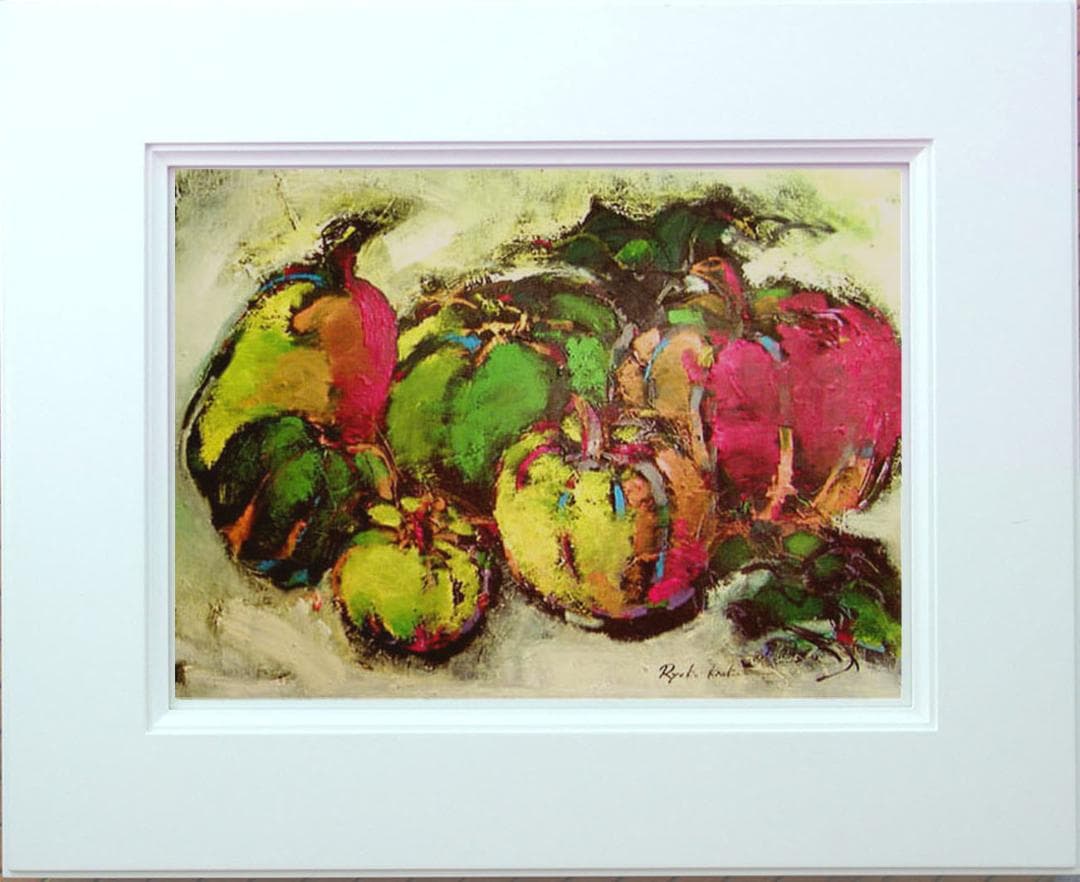 油絵 絵 絵画インテリア 額付(青緑＋金色の枠) uF6-061404 静物果物