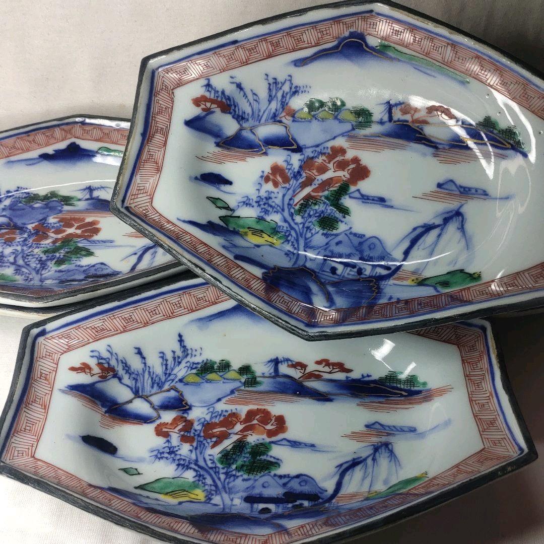 九谷焼六角皿 明治期 色絵 染付山水図 手描き陶芸品 旧家蔵出 アンティーク