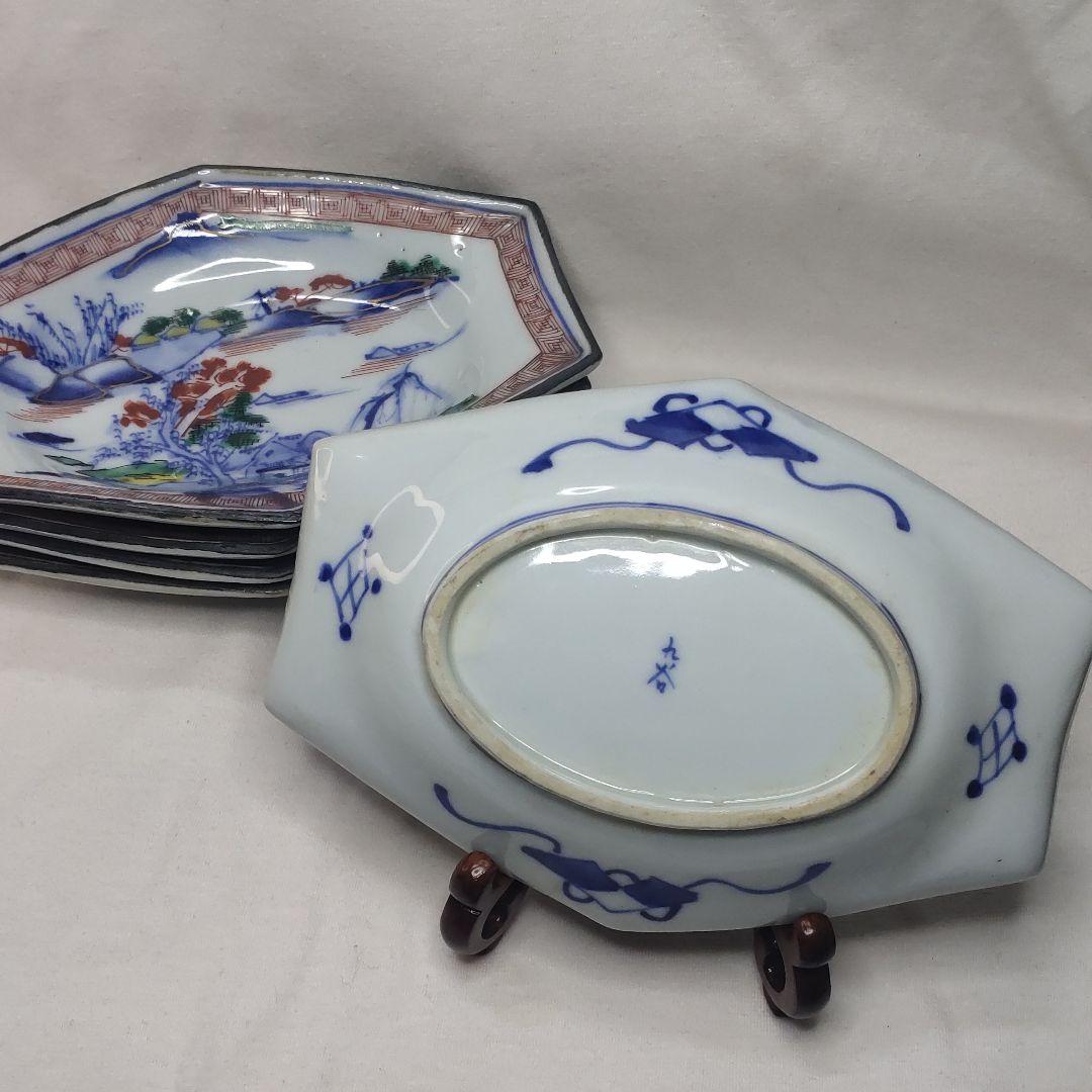 九谷焼六角皿 明治期 色絵 染付山水図 手描き陶芸品 旧家蔵出 アンティーク