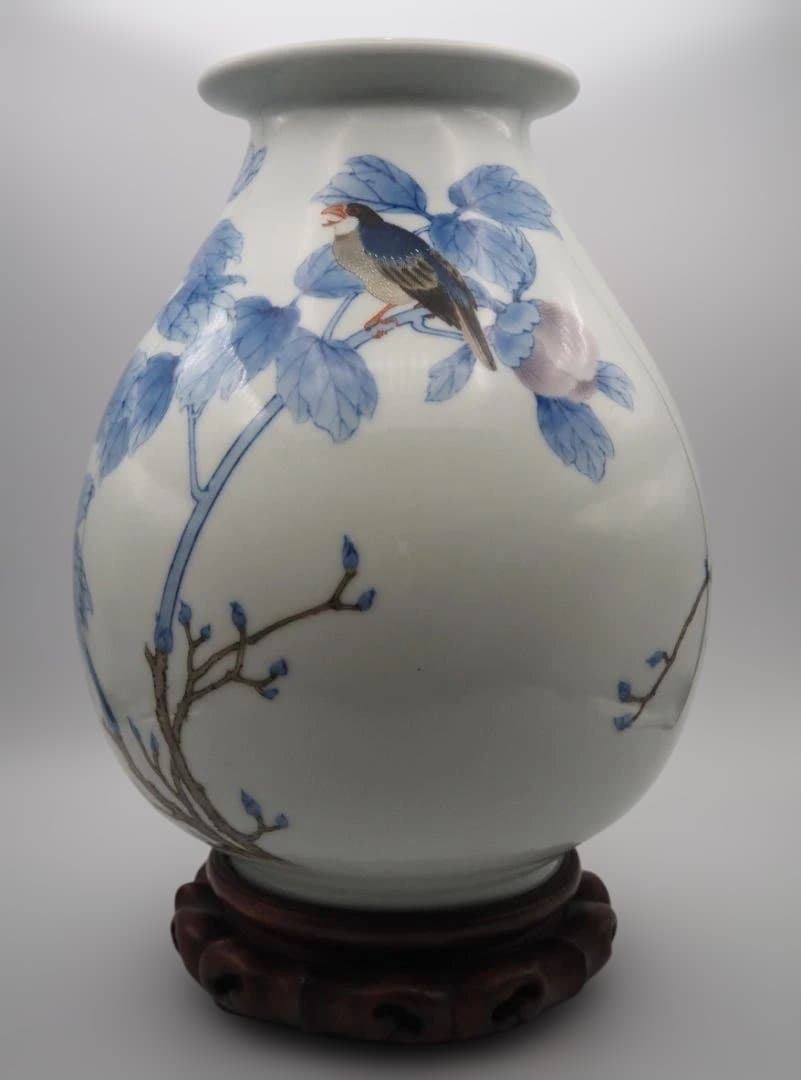 真葛香山 宮川香山 青華釉下彩花瓶 4鳥牡丹図 台付き