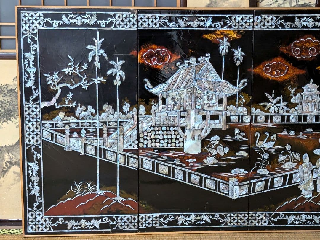 中国螺鈿絵　アンティーク　4枚組　壁掛け