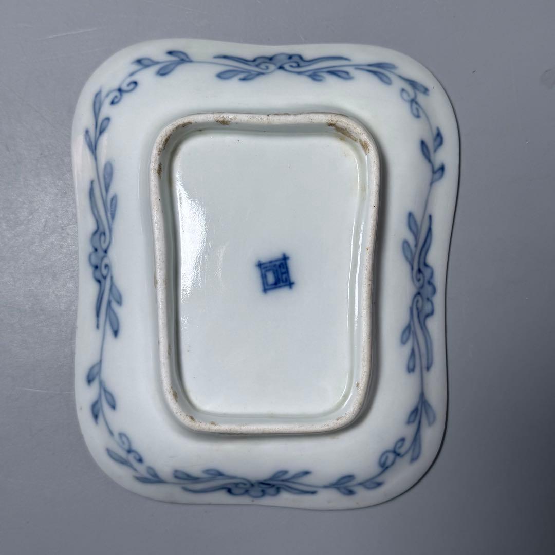 明治時代　有田焼　岩松平吾　色絵軍配形皿　五枚　角岩印　陽刻　珍品　残り僅か